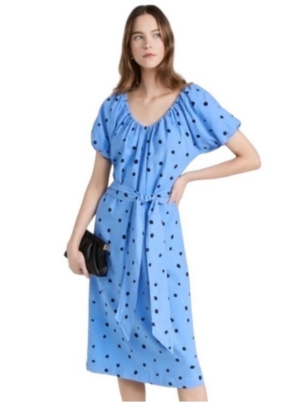 Anthropologie Stateside Coastal Blue Polka Dot Linen Blend Midi Dress X-Small